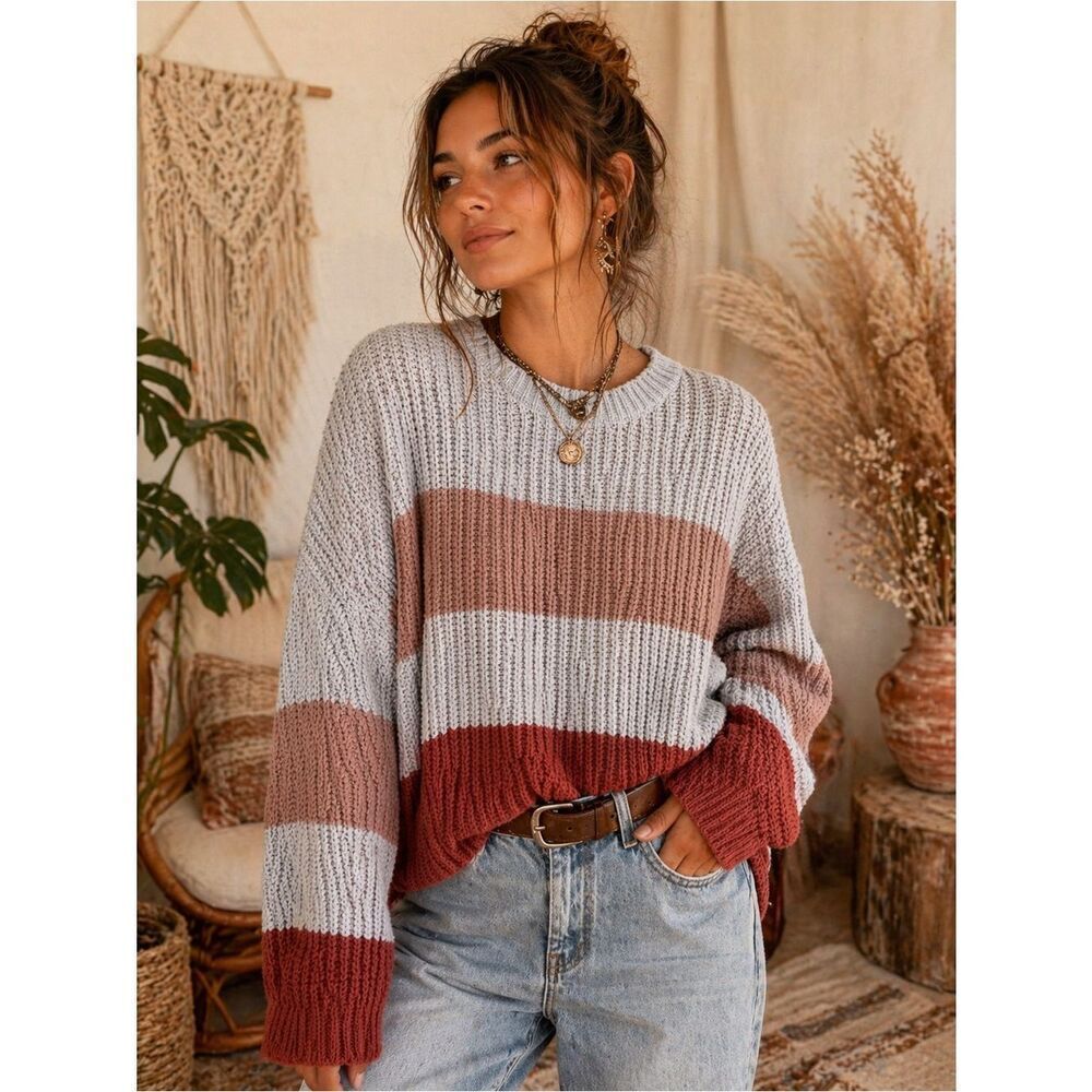 Anthropologie Jun & Ivy Striped Chunky Knit Sweater in Light Gray, Taupe & Rust